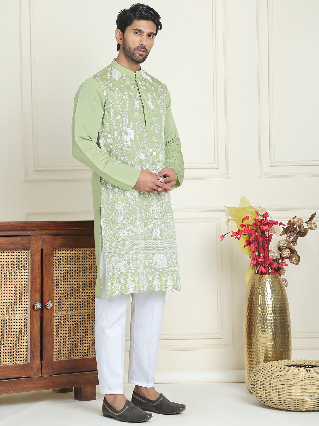 Embroidered Straight Kurta Pyjama Set.