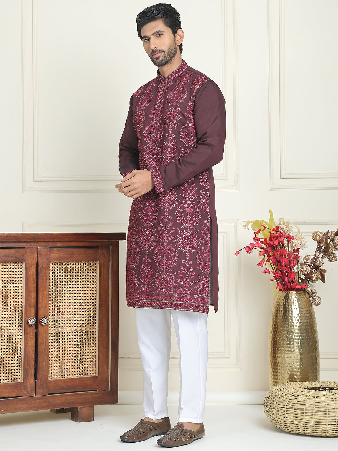 Embroidered Straight Kurta Pyjama Set For Men