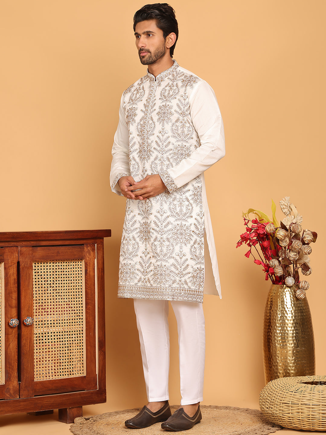 Embroidered Straight Kurta Pyjama Set For Men