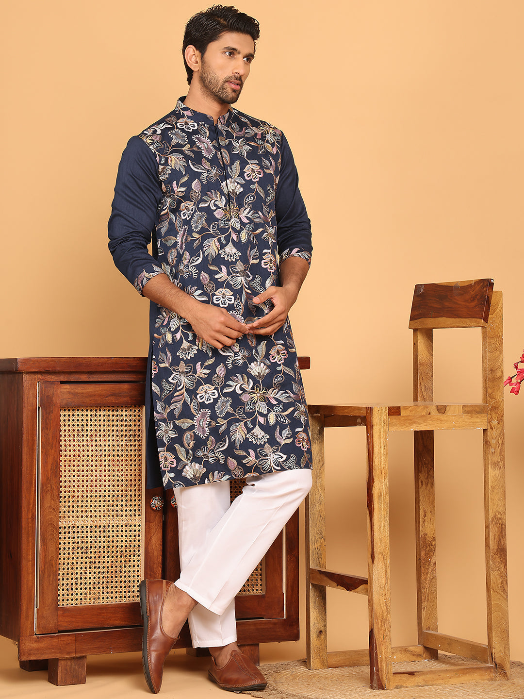 Embroidered Straight Kurta Set For Men