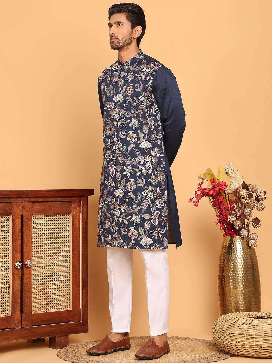Embroidered Straight Kurta Set For Men
