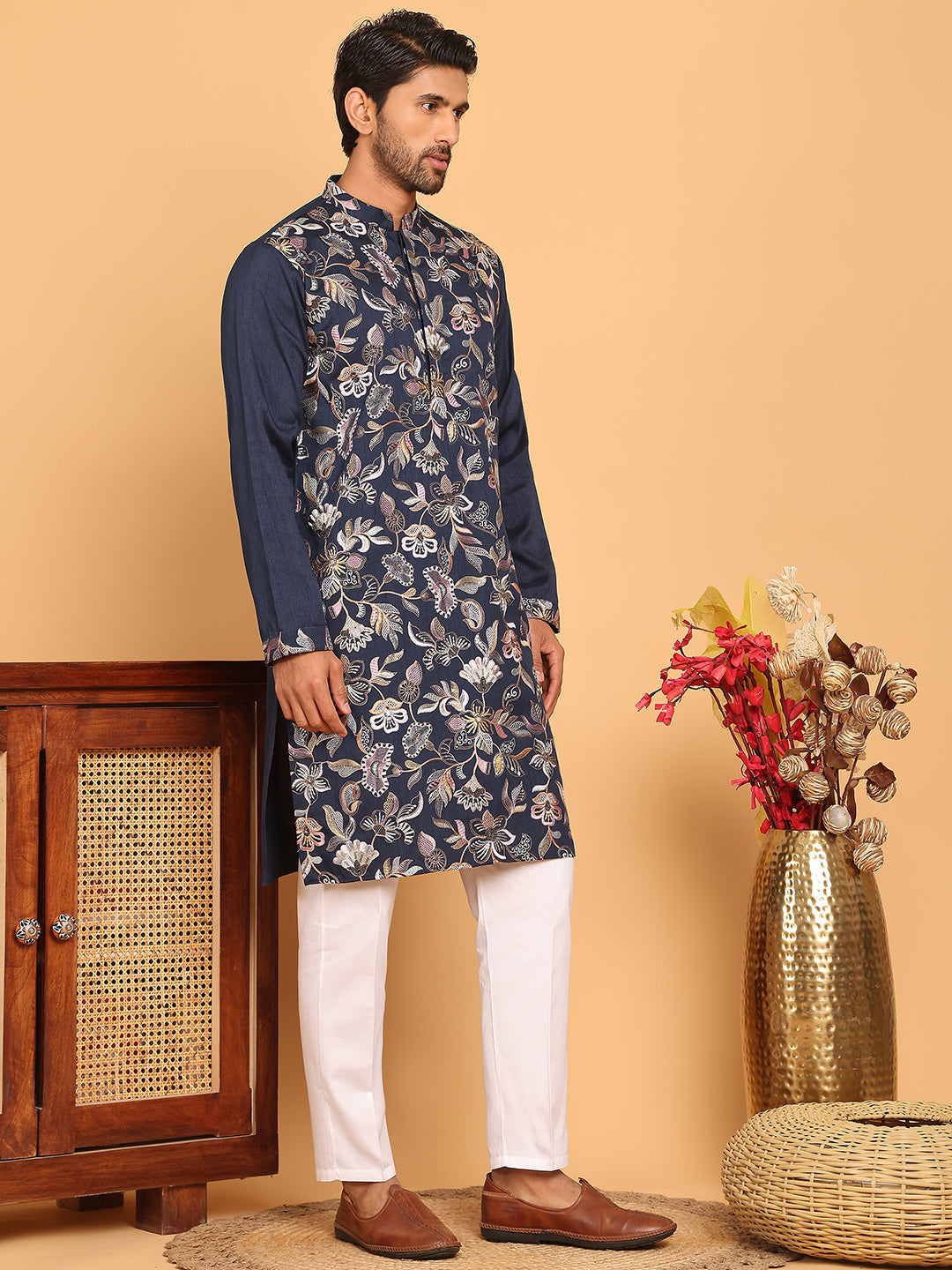 Embroidered Straight Kurta Set For Men