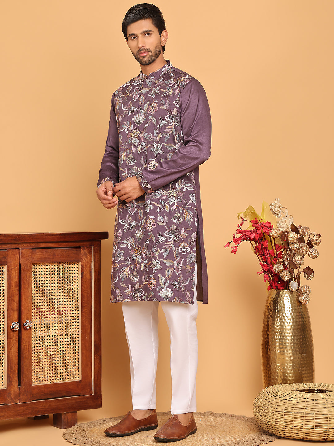 Embroidered Straight Kurta Set For Men