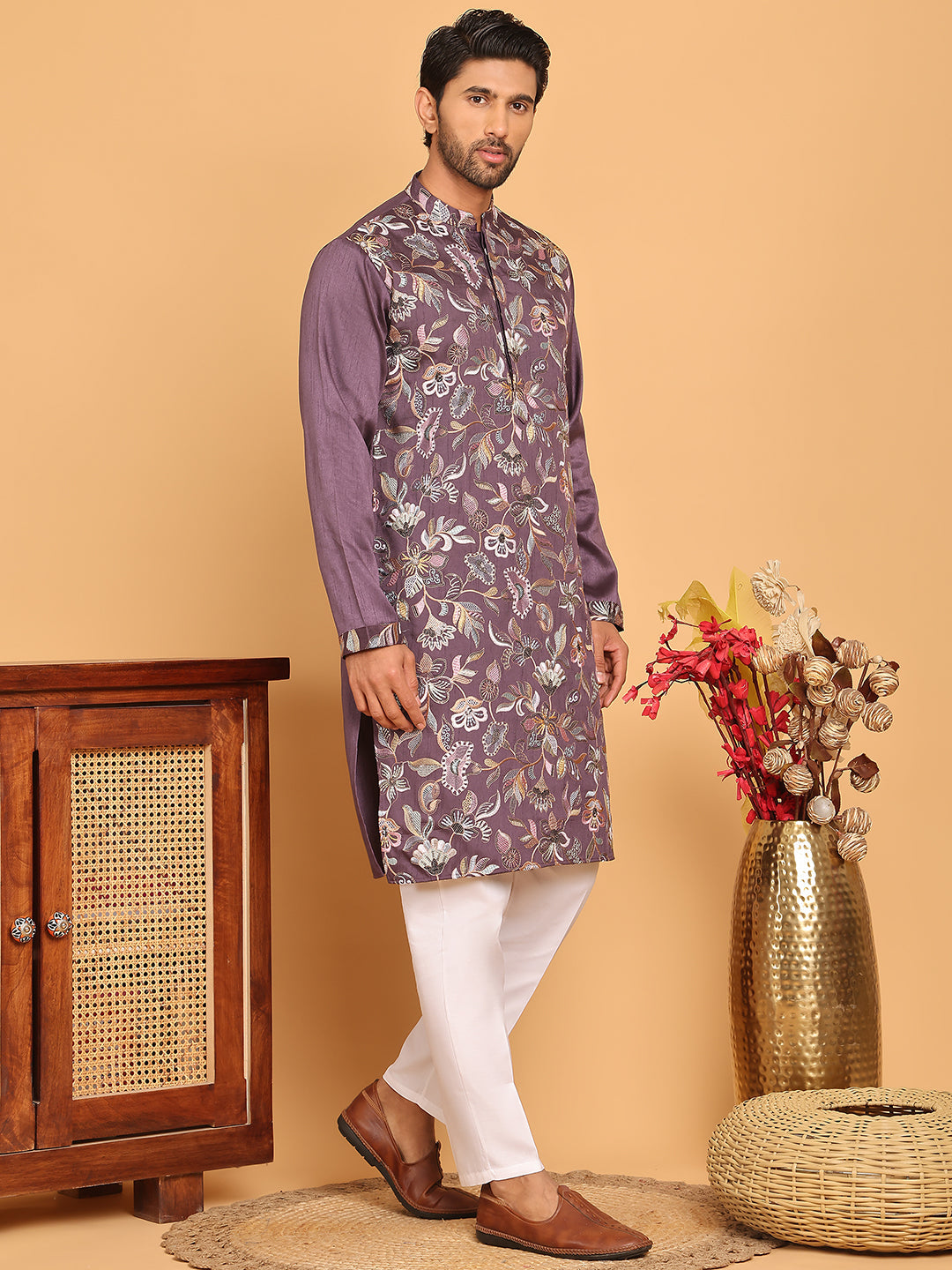 Embroidered Straight Kurta Set For Men
