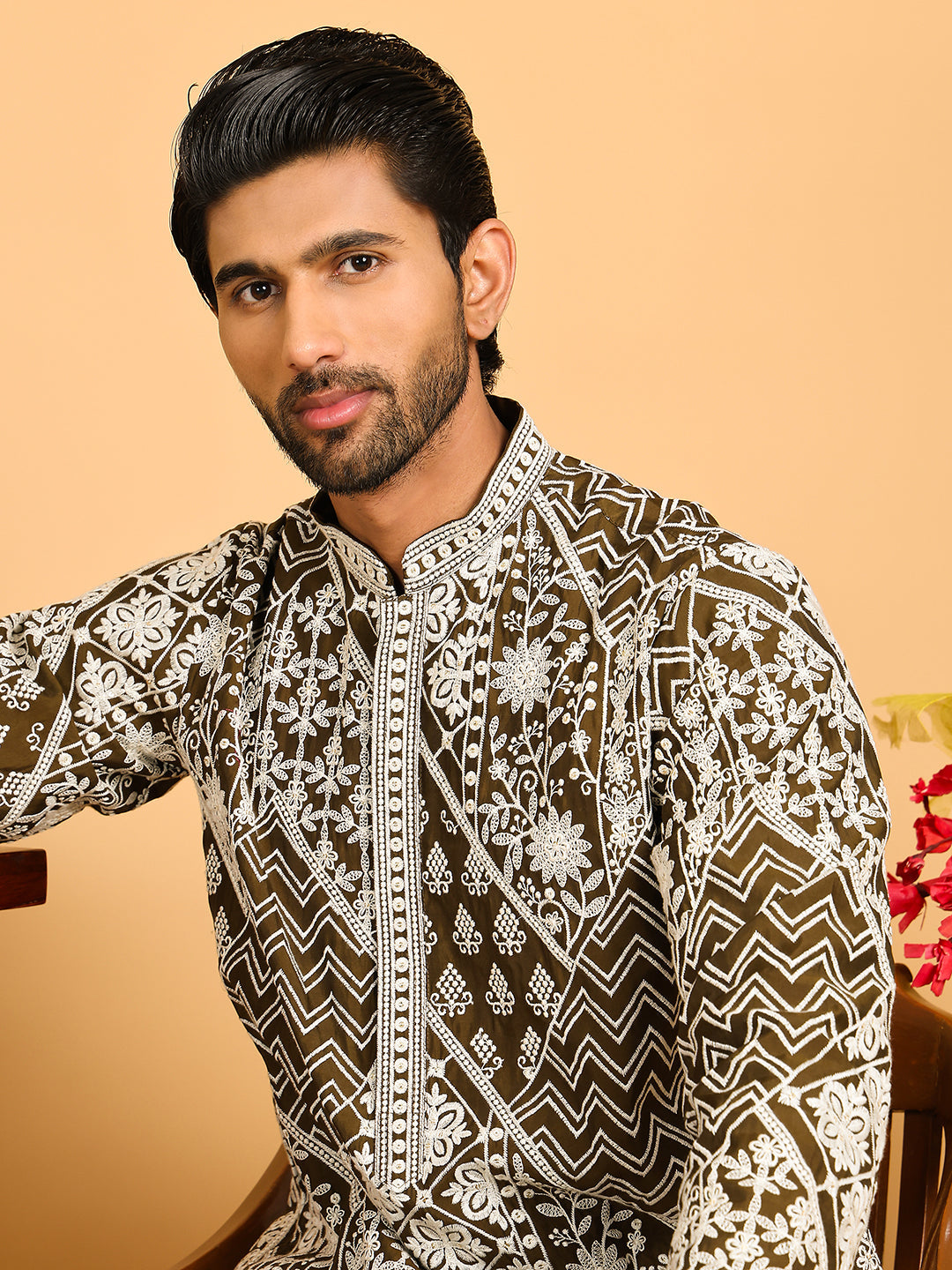 Floral Embroidery Silk Blend Kurta Pyjama For Men