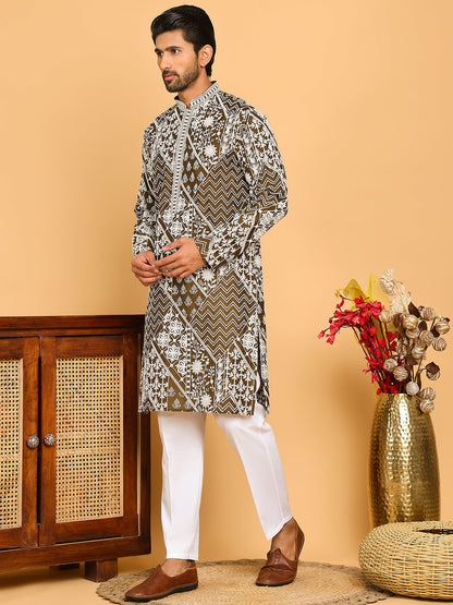 Floral Embroidery Silk Blend Kurta Pyjama For Men