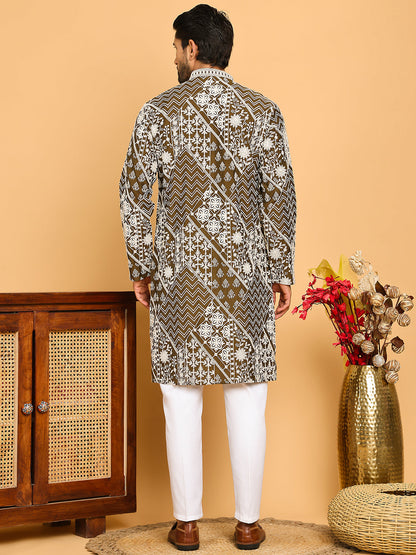 Floral Embroidery Silk Blend Kurta Pyjama For Men