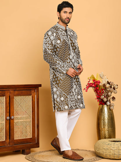 Floral Embroidery Silk Blend Kurta Pyjama For Men