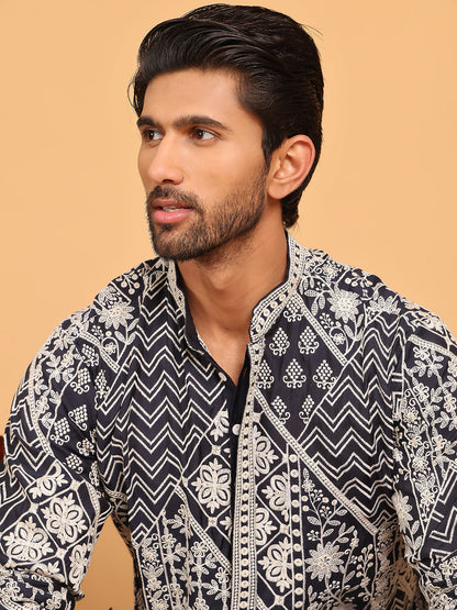 Floral Embroidery Silk Blend Kurta Pyjama For Men