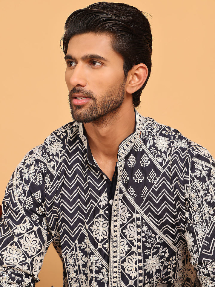 Floral Embroidery Silk Blend Kurta Pyjama For Men