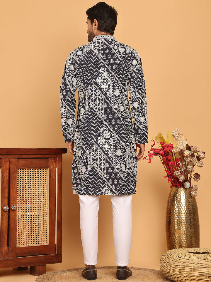 Floral Embroidery Silk Blend Kurta Pyjama For Men