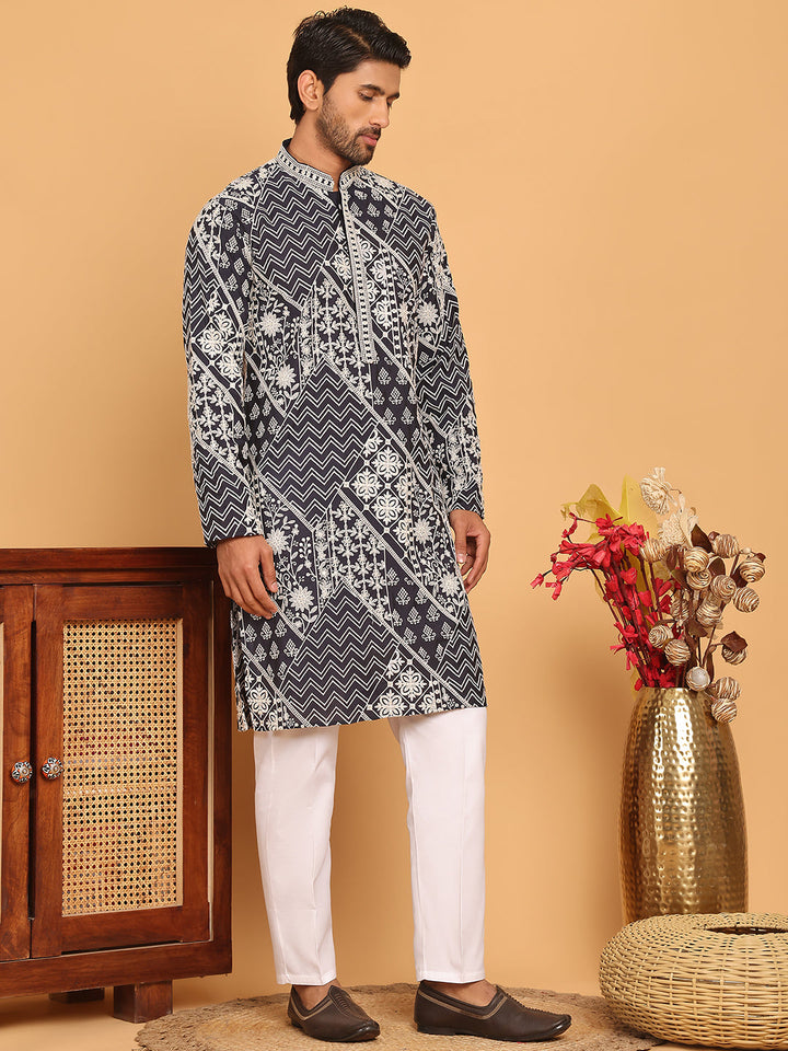 Floral Embroidery Silk Blend Kurta Pyjama For Men