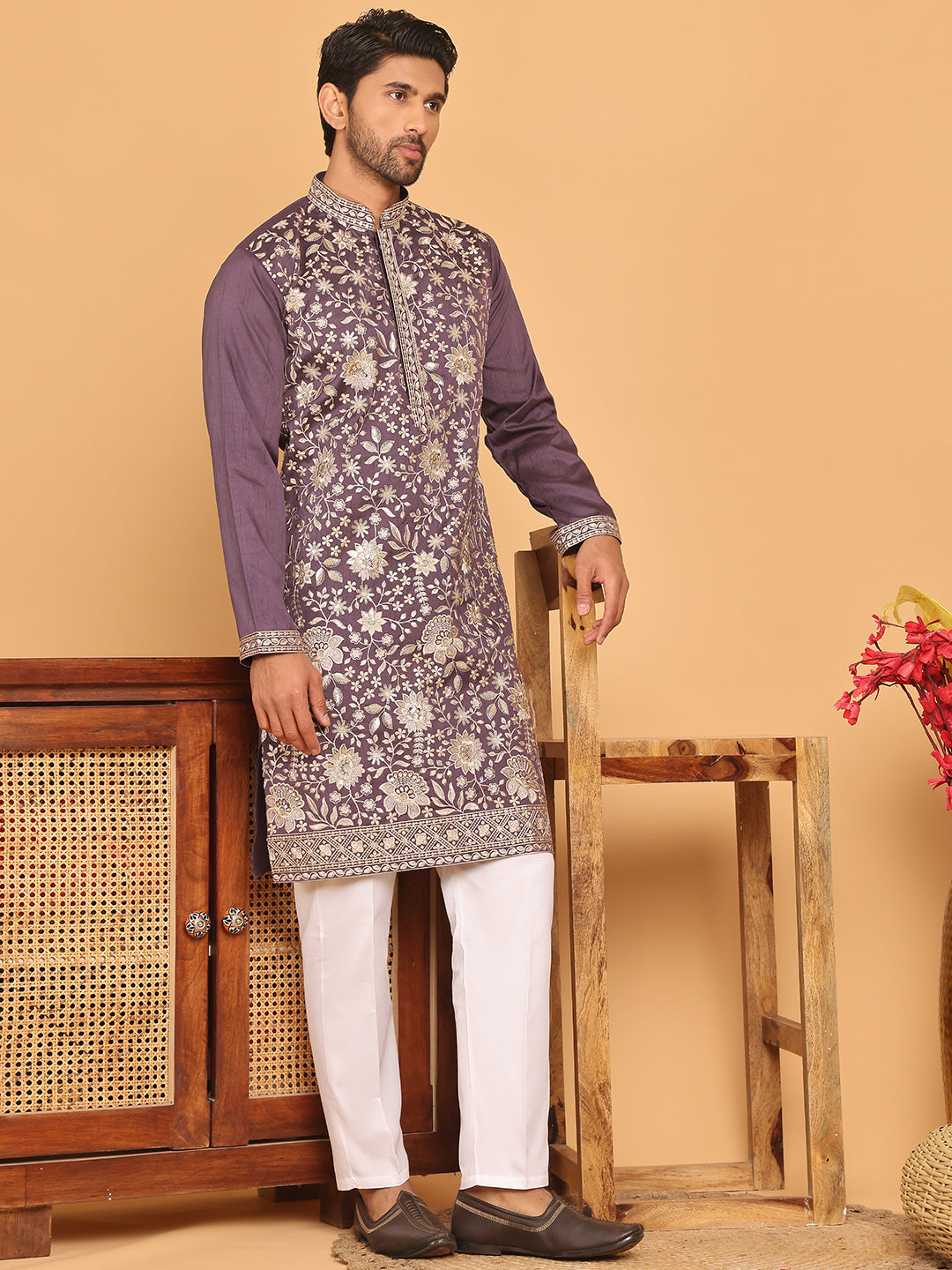 Embroidered Straight Kurta Set For Men