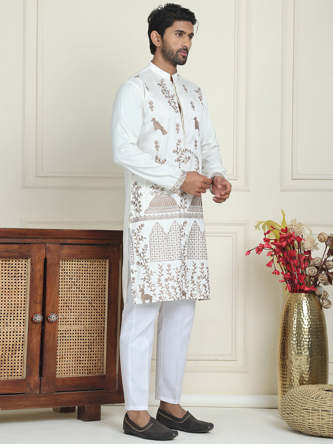 Embroidered Straight Kurta Set For Men
