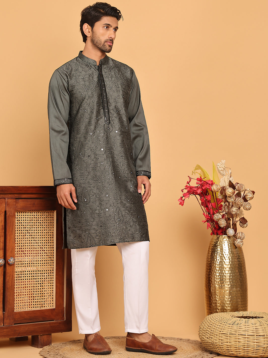 Sequins & Embroidered Straight Kurta With Pyjamas