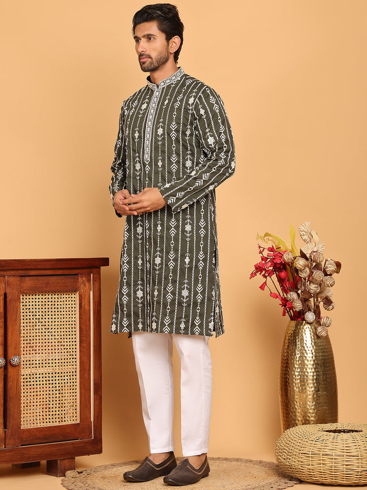 Embroidery And Mirror Work Straight Kurta Set,