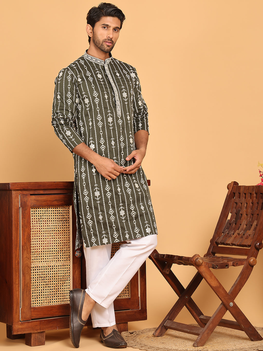 Embroidery And Mirror Work Straight Kurta Set,