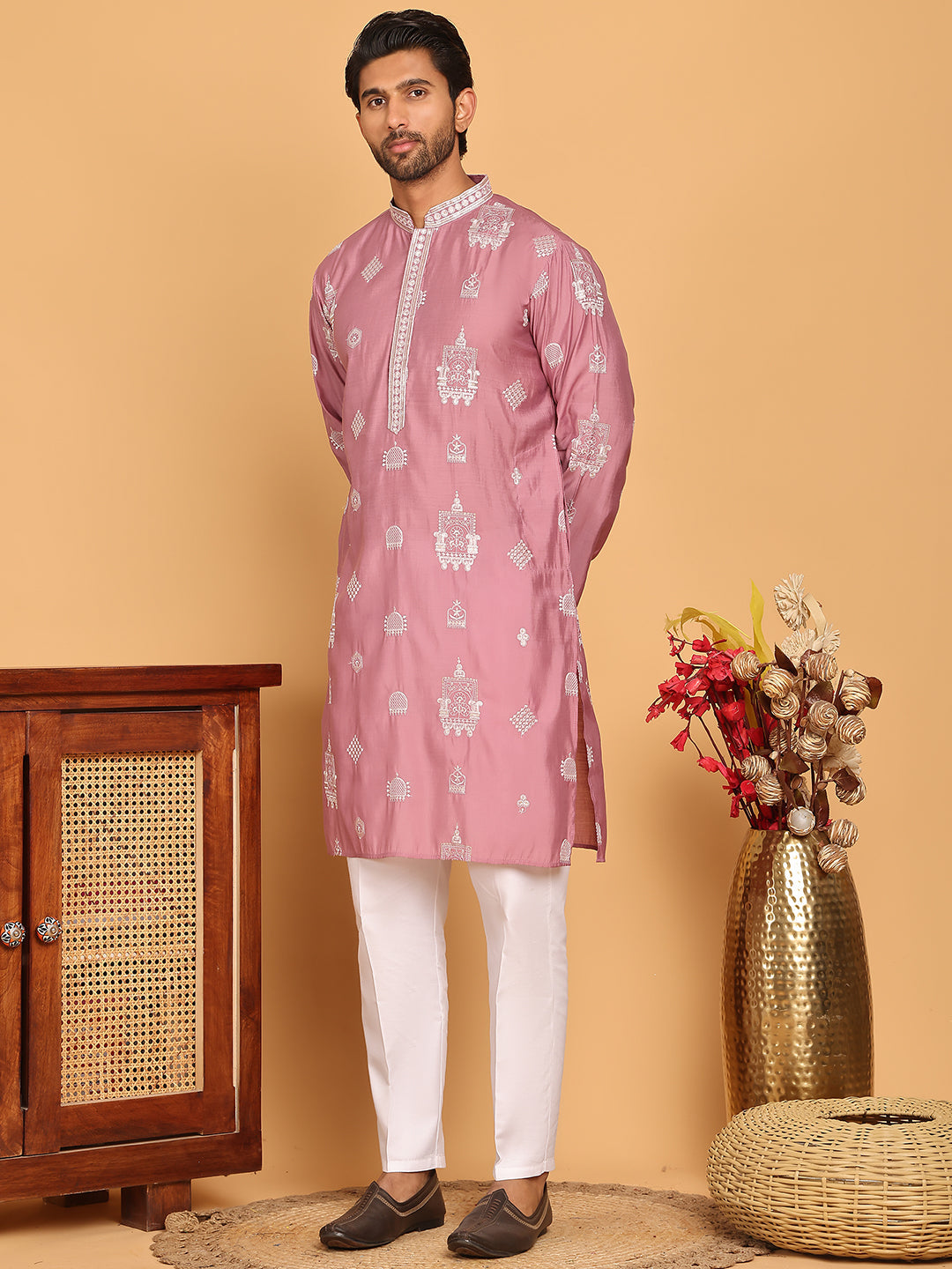 Embroidered Silk Blend Kurta Pyjama Set