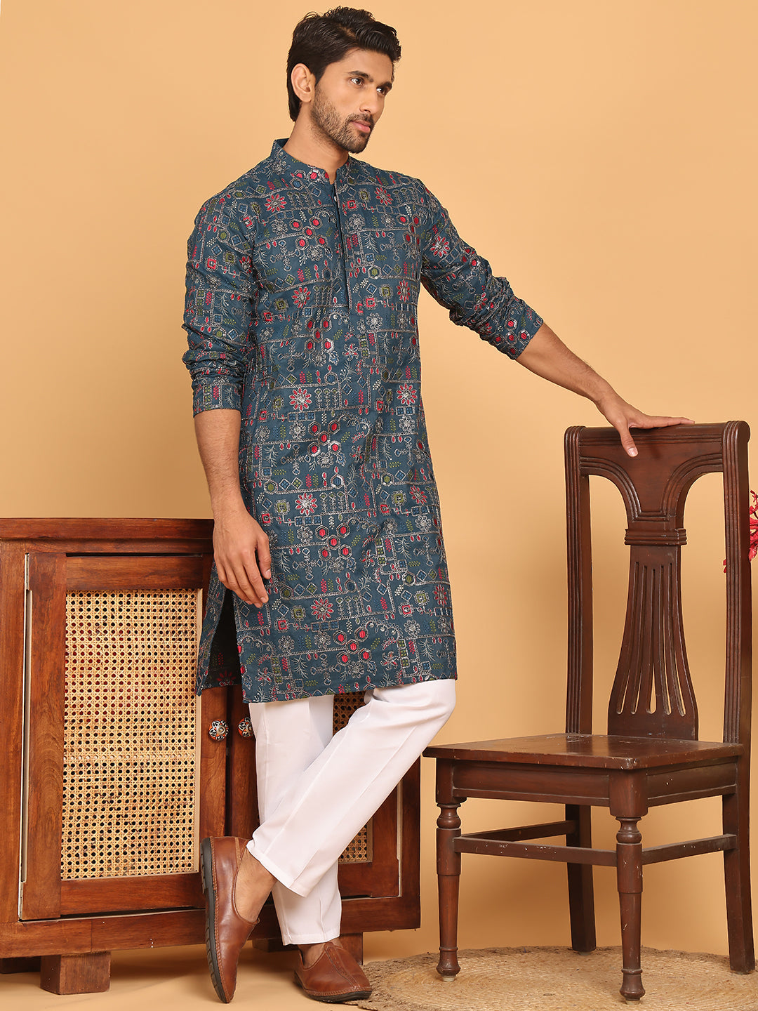 Blue Embroidered Straight Kurta Set For Men