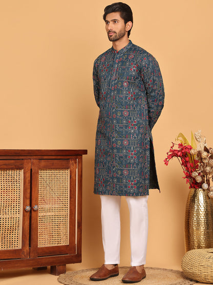 Blue Embroidered Straight Kurta Set For Men