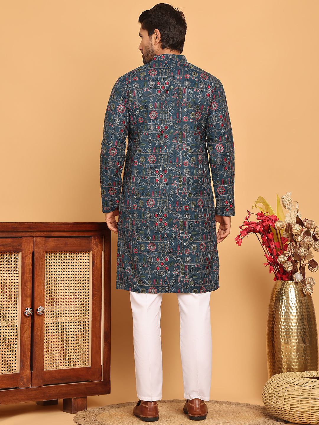 Blue Embroidered Straight Kurta Set For Men