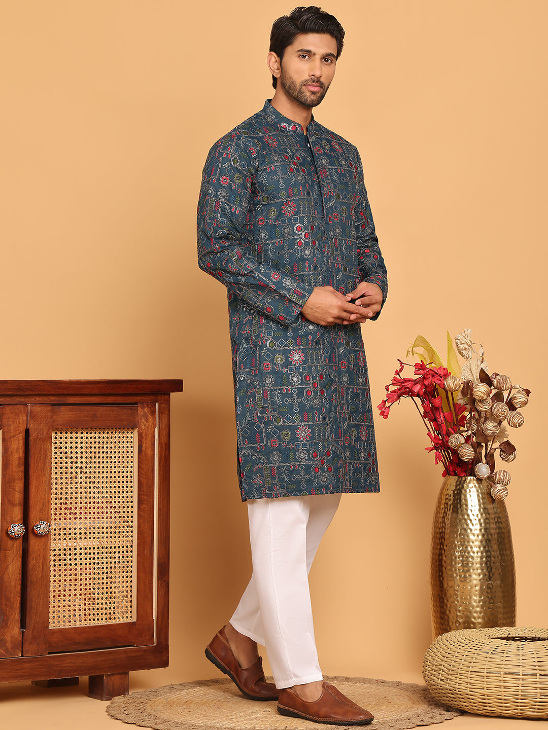Blue Embroidered Straight Kurta Set For Men