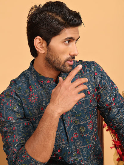 Blue Embroidered Straight Kurta Set For Men
