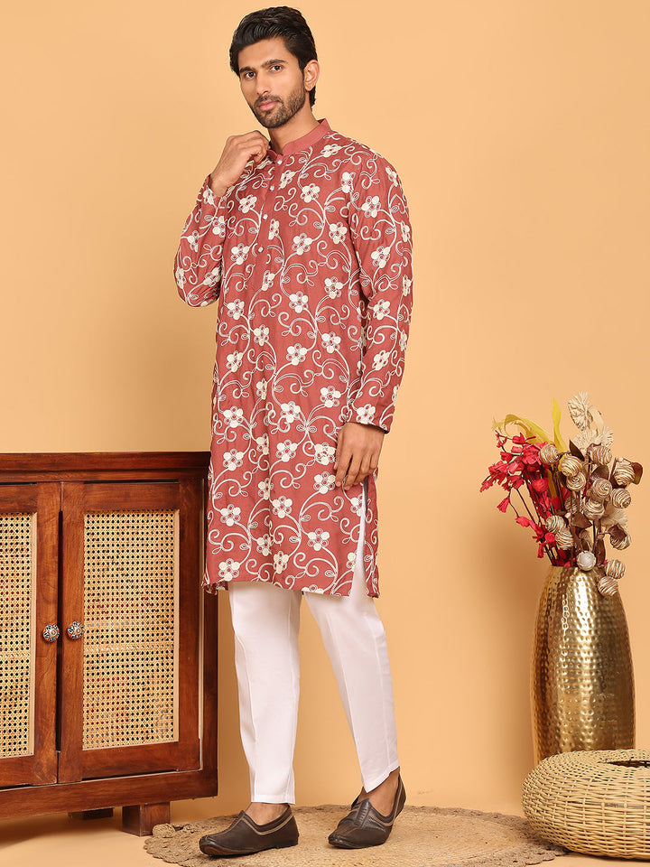 Floral Embroidered Straight Kurta Pyjama Set For Men