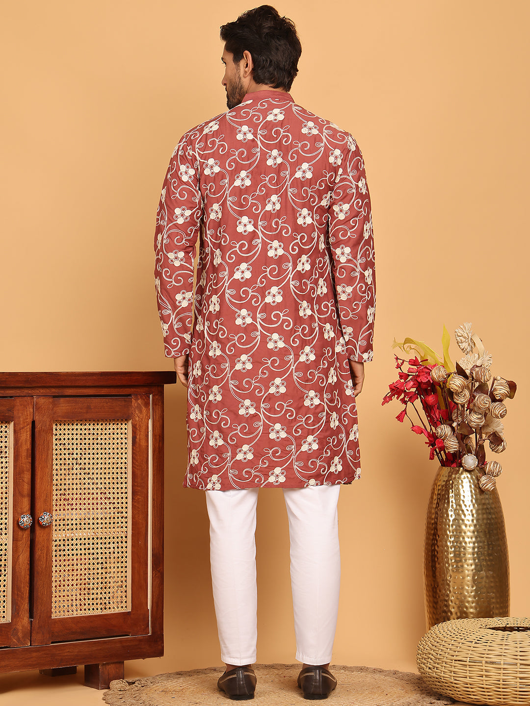 Floral Embroidered Straight Kurta Pyjama Set For Men