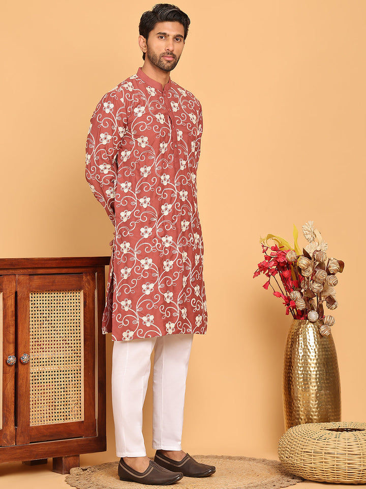 Floral Embroidered Straight Kurta Pyjama Set For Men