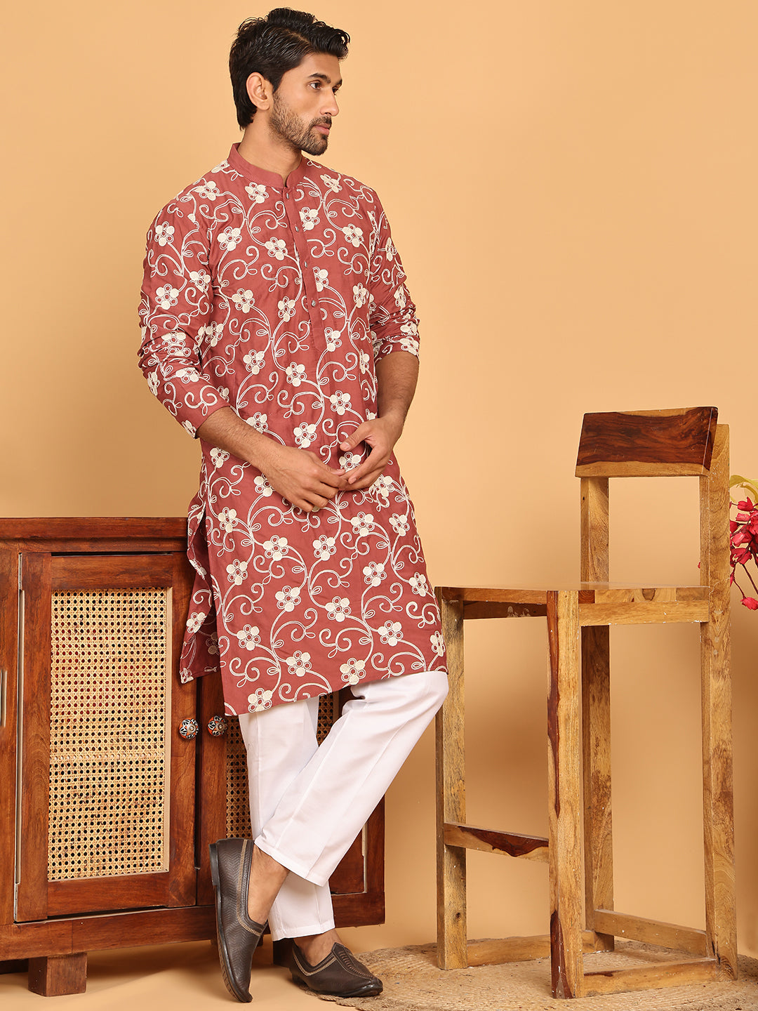 Floral Embroidered Straight Kurta Pyjama Set For Men