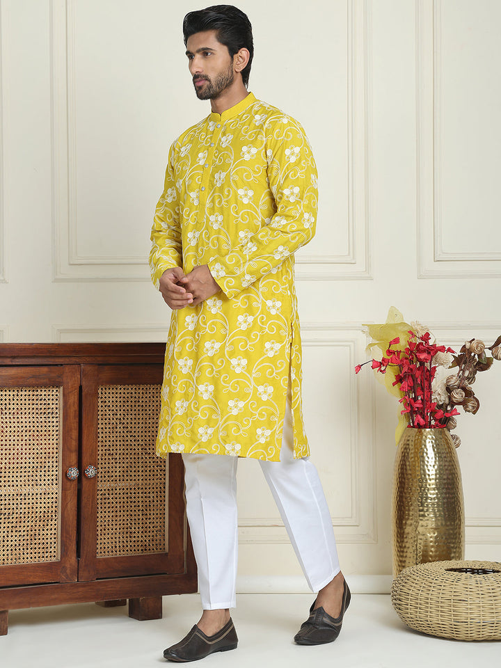 Floral Embroidered Straight Kurta Pyjama Set For Men