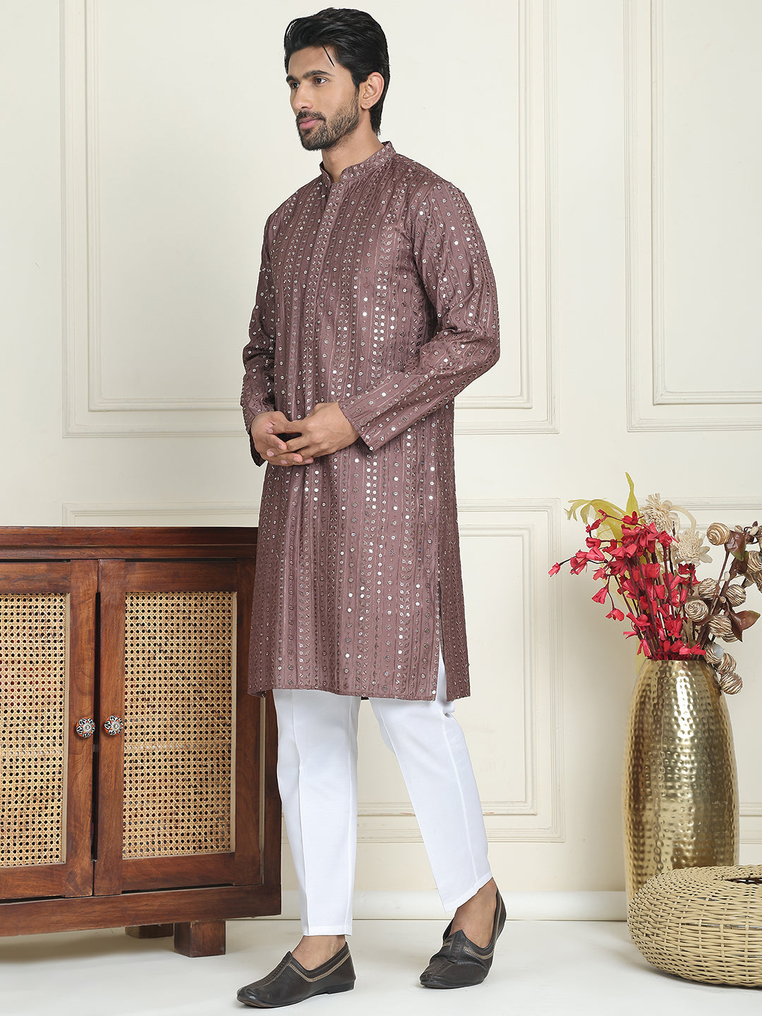 Embroidered And Mirror Work Straight Kurta Set For Men,