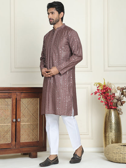 Embroidered And Mirror Work Straight Kurta Set For Men,
