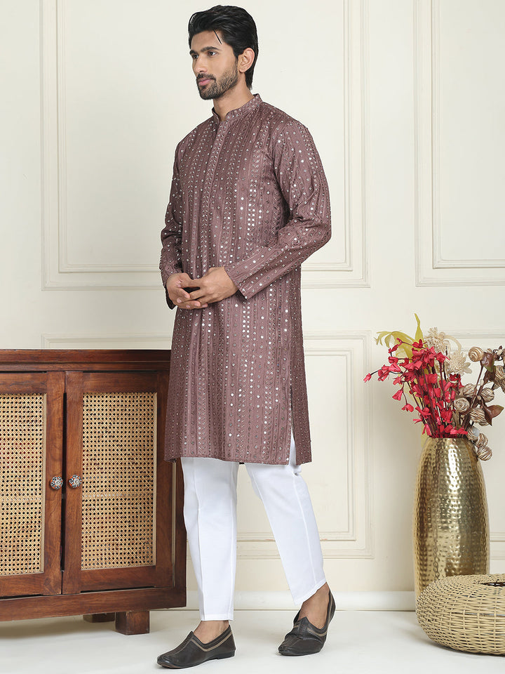 Embroidered And Mirror Work Straight Kurta Set For Men,