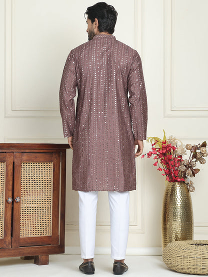 Embroidered And Mirror Work Straight Kurta Set For Men,