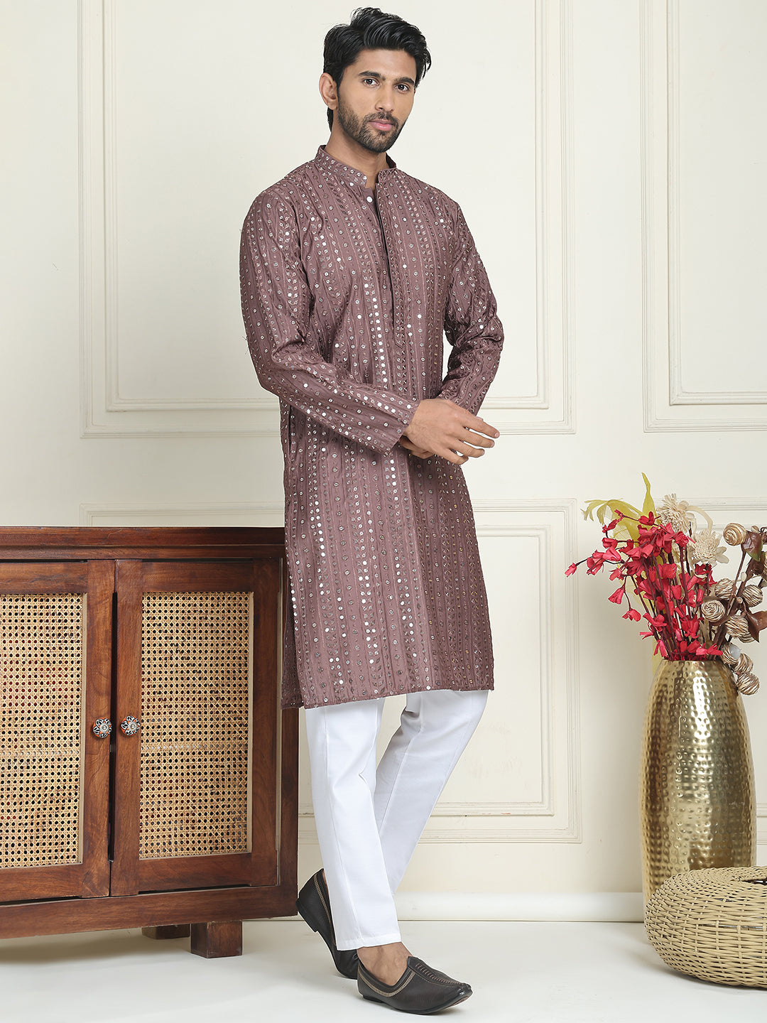 Embroidered And Mirror Work Straight Kurta Set For Men,