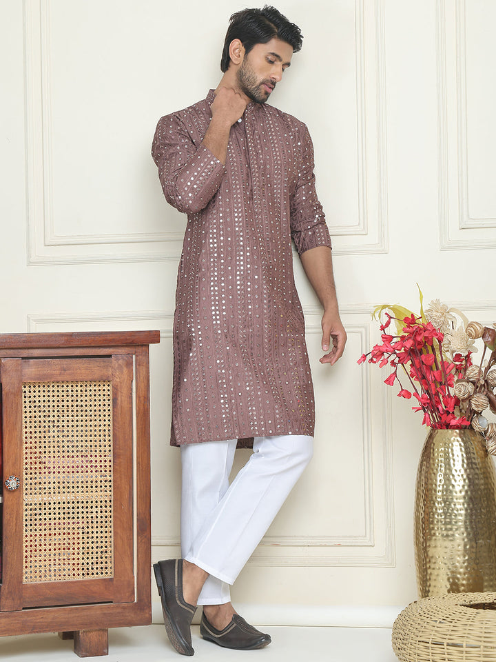 Embroidered And Mirror Work Straight Kurta Set For Men,
