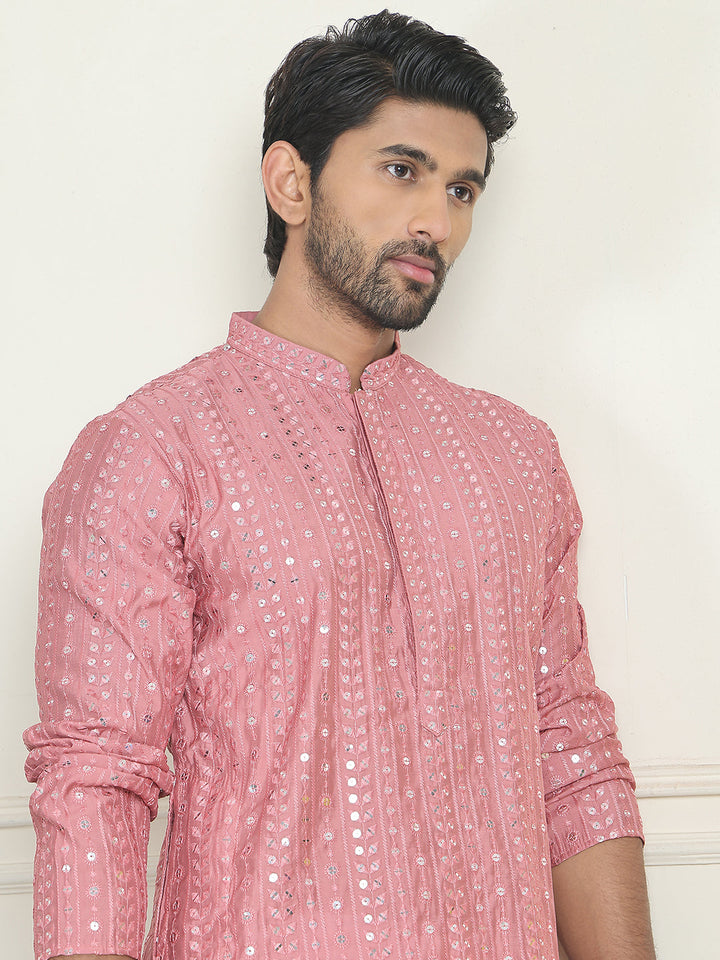 Embroidered And Mirror Work Straight Kurta Set For Men,