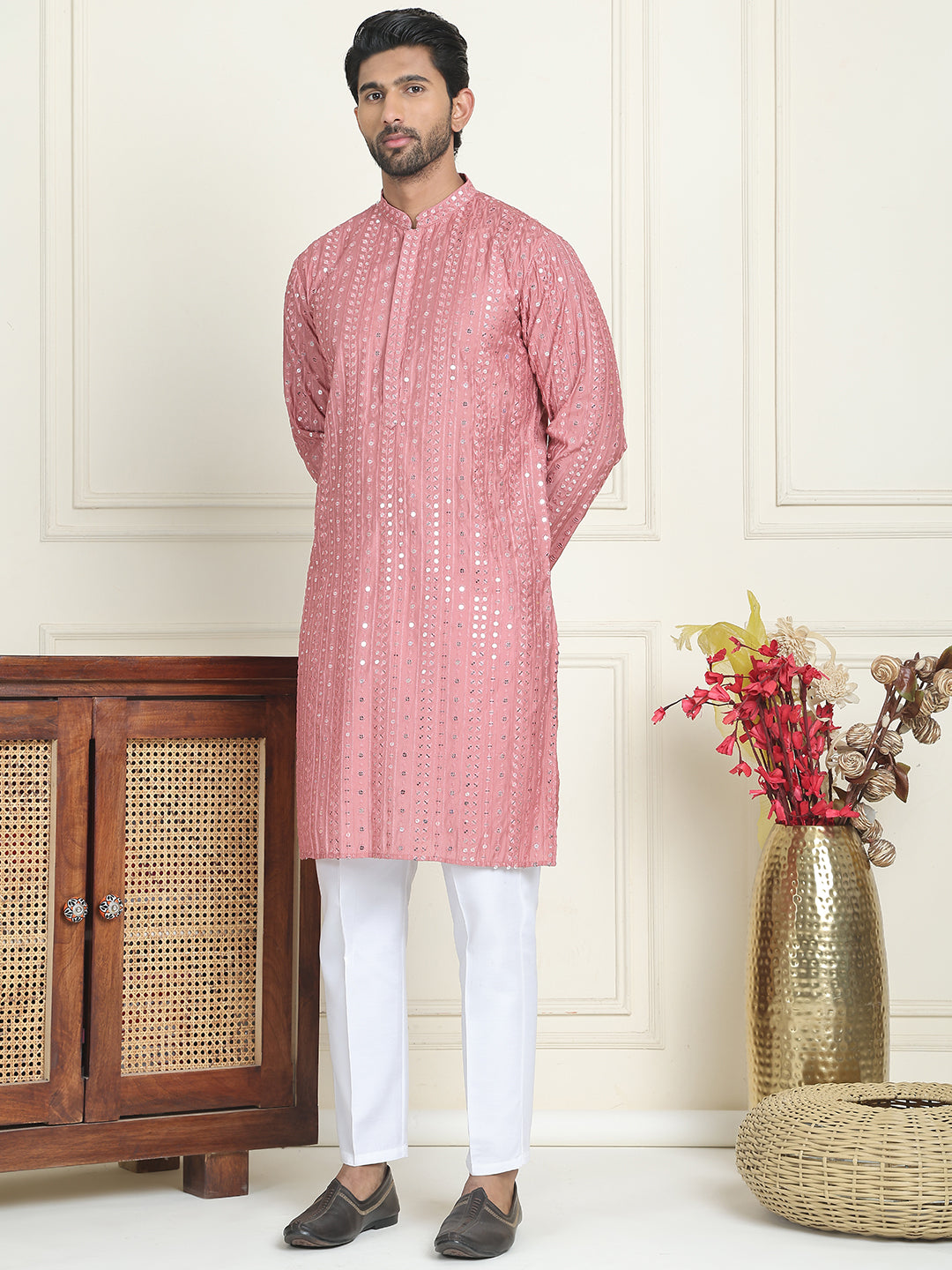 Embroidered And Mirror Work Straight Kurta Set For Men,