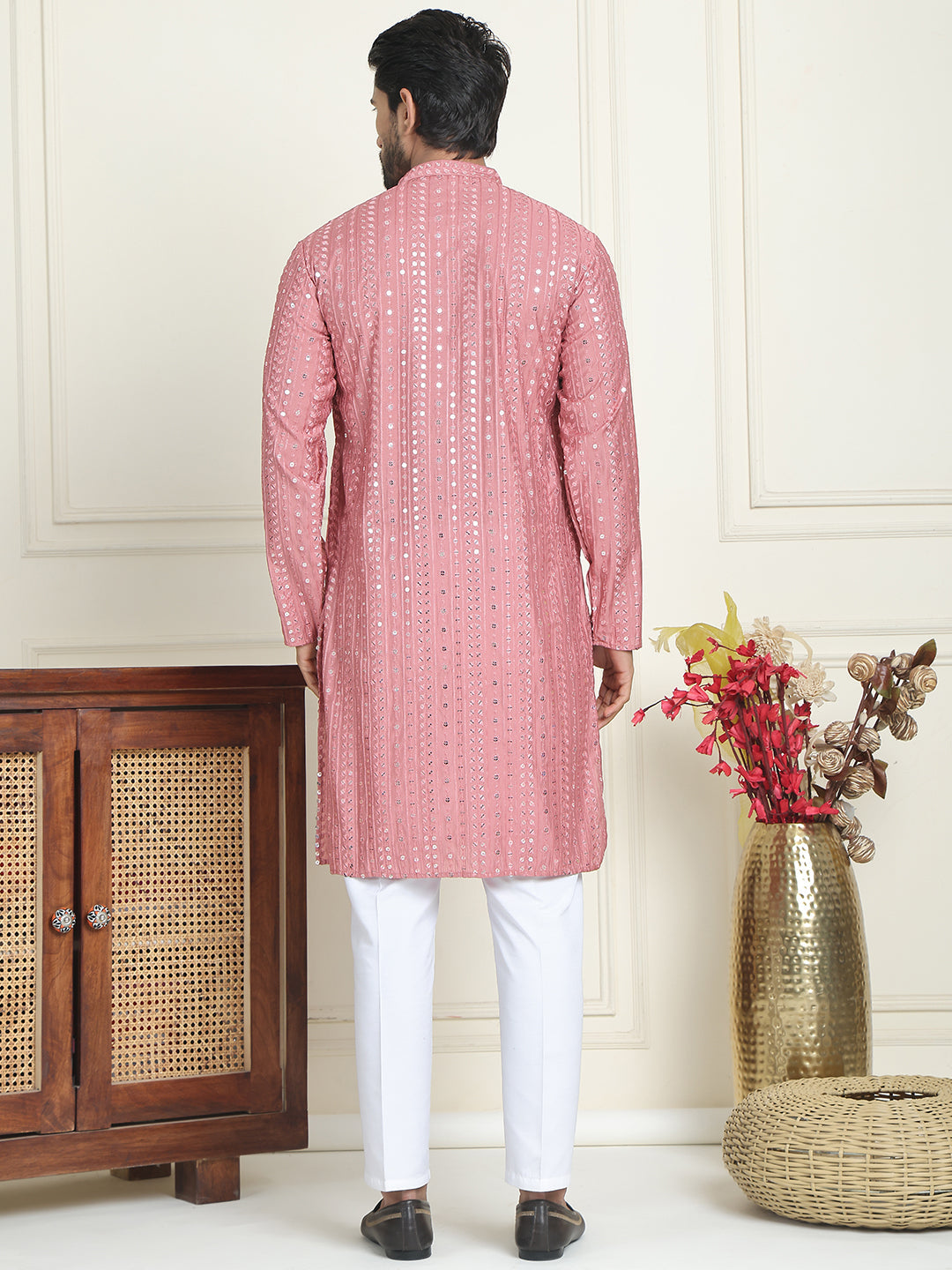 Embroidered And Mirror Work Straight Kurta Set For Men,