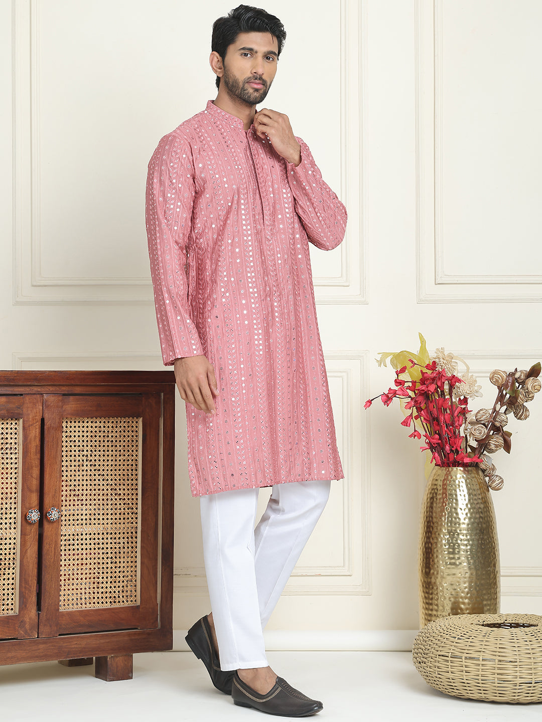 Embroidered And Mirror Work Straight Kurta Set For Men,