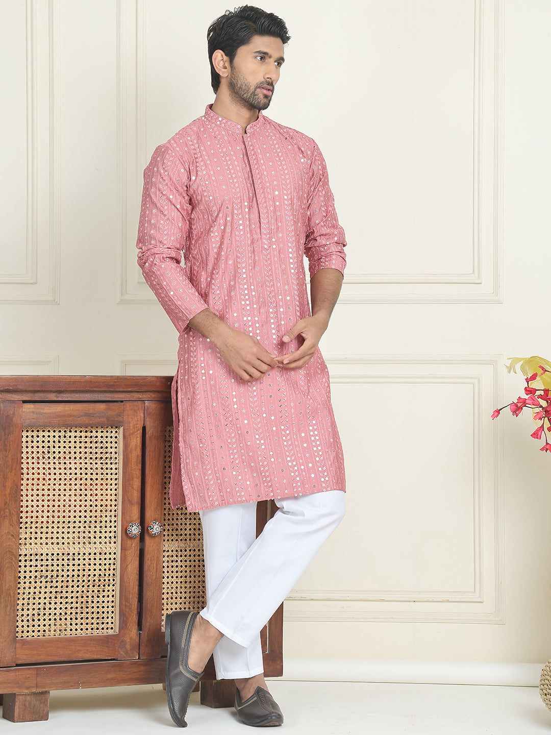Embroidered And Mirror Work Straight Kurta Set For Men,
