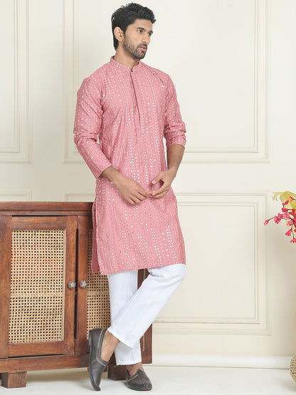 Embroidered And Mirror Work Straight Kurta Set For Men,