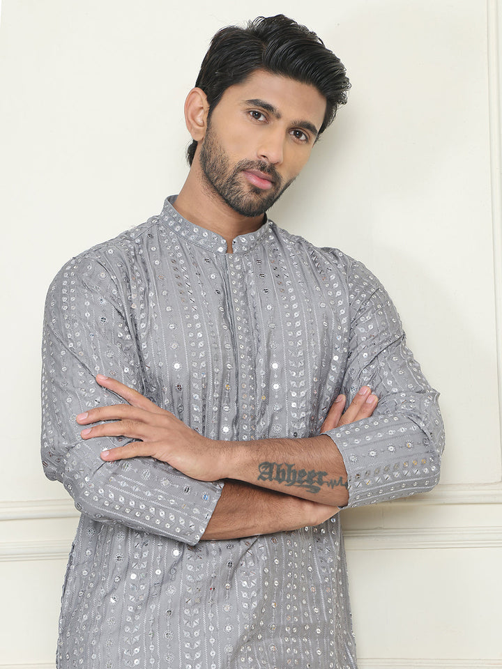 Embroidered And Mirror Work Straight Kurta Set For Men,