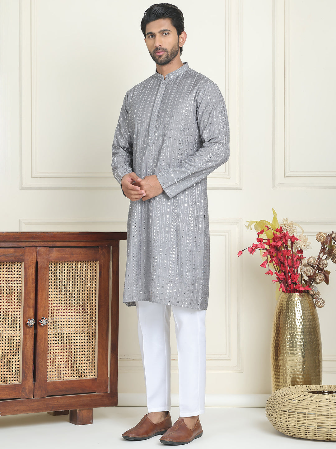 Embroidered And Mirror Work Straight Kurta Set For Men,