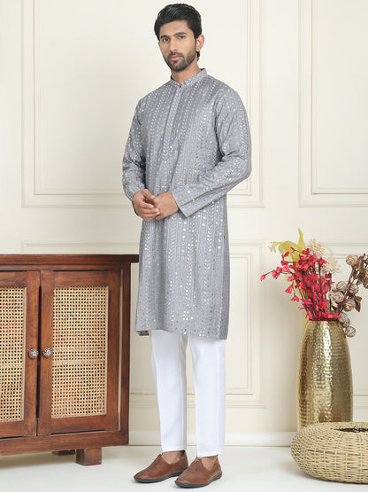 Embroidered And Mirror Work Straight Kurta Set For Men,
