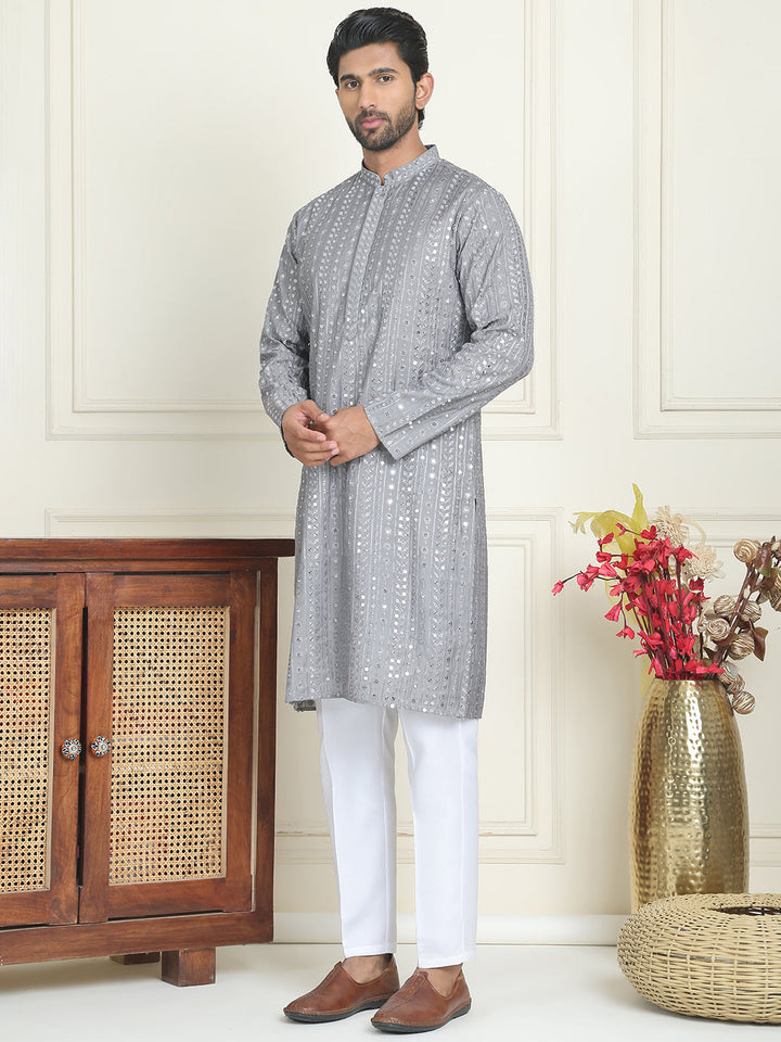 Embroidered And Mirror Work Straight Kurta Set For Men,