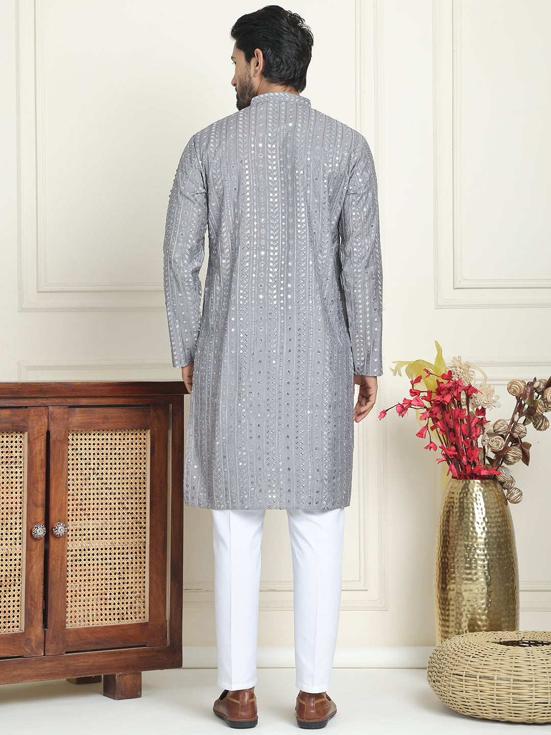 Embroidered And Mirror Work Straight Kurta Set For Men,