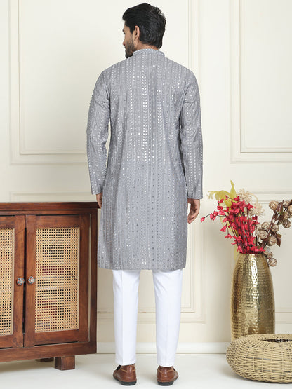 Embroidered And Mirror Work Straight Kurta Set For Men,
